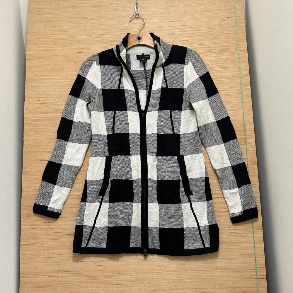 Adrienne Vittadini Black White Buffalo Plaid Zip Up Longline Cardigan XS